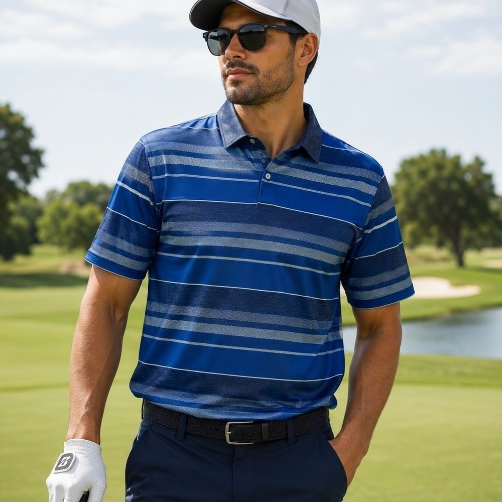 PGA Tour Golf Polo Shirt Mens 2XL Blue Striped Performance Stretch Casual